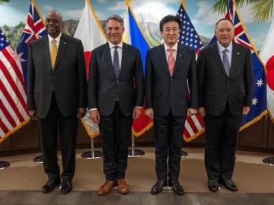Left to right: Secretary of Defense Lloyd Austin III, Australian Deputy Prime Minister and Defense Minister Richard Marles, Japanese Defense Minister Kihara Minoru, and Secretary of National Defense of Philippines Gilbert Teodoro pose for a group photo at U.S. Indo-Pacific Command headquarters, Camp H.M. Smith, Hawaii, May 2, 2024.