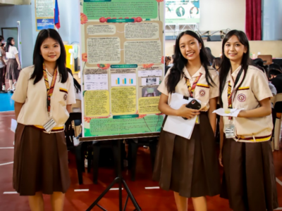 Best in Group Presentation & Best Research Paper (Grade 12 Category): Trixia Gomez, Rose Angel Javier, Ronette Floresca. Adviser: Ms. Remma Celestino. Research Title: Antiseptic Property of Calendula Officinalis (Pot Marigold) Leaf Extract (STEM).