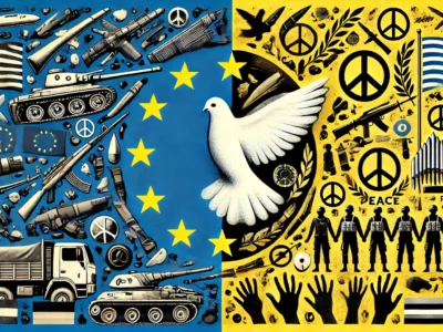 DALL·E 2025-03-11 07.44.35 - A symbolic representation of militarization and peace featuring a split EU flag. On the left side, the flag is surrounded by weapons, soldiers, and mi