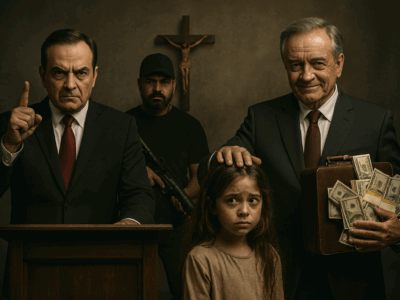 Púlpito com pastor, traficante, político corrupto e menina assustada. Imagem criada por IA.