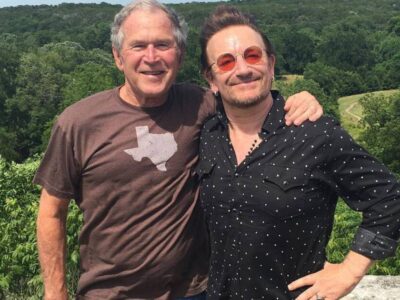 Former President George W. Bush and U2 lead singer Bono at Bush's ranch in Crawford, Texas, on May 26, 2017.