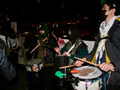 A picket line and protest chants at a New York Times awards ceremony