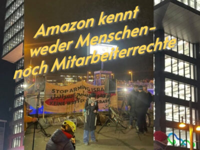 Foto: Protest vor dem Amazon Tower in Berlin, 28.November 2025 (Collage Peter Vlatten)