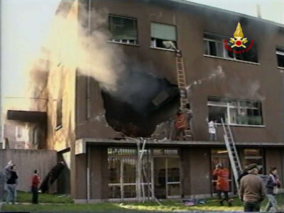 Frame from a video of Firefighters working to rescue victims of the air disaster at the Salvemini Institute in Casalecchio di Reno.
