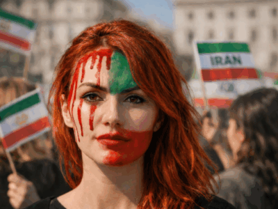 Manifestazione simbolica di solidarietà al popolo iraniano. Il volto di una donna richiama la repressione in atto e il coraggio di chi lotta per libertà, diritti e autodeterminazione.