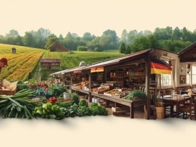 una imagen en formato horizontal de 960 px mostrando alimentos, su produccion, distribucion y venta con la bandera de Alemania insinuada en algún lado