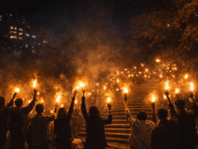 Un gruppo di persone risale una scalinata nella notte, tenendo fiaccole accese. Le luci si moltiplicano lungo i gradini, creando un fiume di fuoco che illumina il buio. L’immagine richiama una veglia collettiva, silenziosa e non violenta, come gesto simbolico di vicinanza ai civili, di richiesta di dignità, diritti e libertà, e di rifiuto di ogni escalation militare.