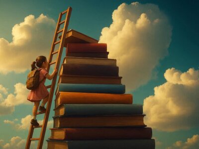 una ragazza con zaino sale una scala appoggiata su una montagna di libri