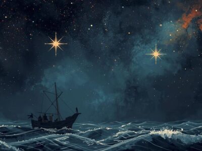 dei naviganti in mezzo alla tempesta notturna guardano cielo stellato con due stelle guida piu brillanti