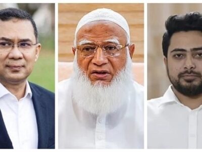 Bangladesh Nationalist Party (BNP) Chairman Tarique Rahman, Bangladesh Jamaat-e-Islami Ameer Dr. Shafiqur Rahman and National Citizen Party (NCP) Convener Nahid Islam. Photo: Collected.