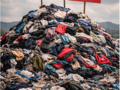Tonelada de ropa desechada en la naturaleza con carteles de “Crisis medioambiental” y “Crecimiento de los costes humanos”.