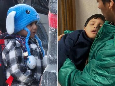 Liam at the time of his arrest and sick and depressed in the arms of his  father during his detention in Texas.