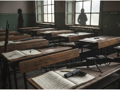 Entre cuadernos y armas (imagen generada con IA)