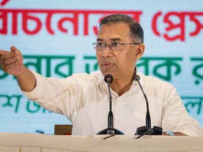 BNP President Tarique Rahman addresses a post-election press conference held at Hotel Intercontinental in Dhaka on February 14 after the party's landslide victory in the national elections.