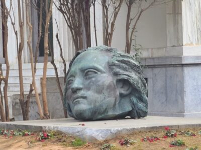 Bronze memorial head (1984) by Agamemnon Makris at the National Technical University of Athens, honoring victims of the 1973 student uprising against the Greek military junta.
