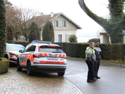 Police officers are seen outside the site for the second round of indirect nuclear talks between Iran and the United States in Geneva, Switzerland, Feb. 17, 2026.