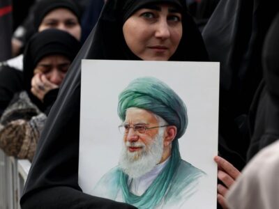 People gather to express solidarity with Iran and protest against the killing of Iran's Supreme Leader Ayatollah Ali Khamenei in the southern suburbs of Beirut, Lebanon, March 1, 2026.