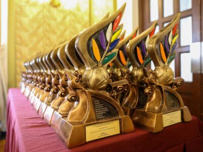 (The Ani ng Dangal trophy displayed at the Metropolitan Theater Ballroom last February 27, 2026. Photo by Jonathan Vergara | NCCA Public Affairs and Information Office.)