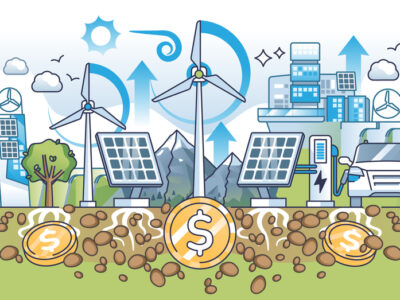Renewable energy investments and sustainable power business outline concept.