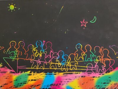 disegno migranti e barca