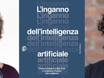 Il libro, pubblicato in italiano da Fazi Editori, e le sue autrici: Emily M. Bender (a sinistra) e  Alex Hanna (a destra).