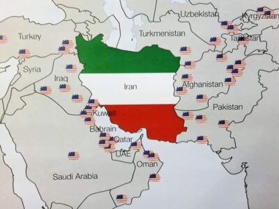 Map of Iran surrounded by U.S. military bases