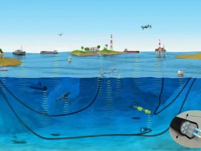 Illustration of a multi-configuration submarine fiber system fulfilling communication, sensing, and PWoF functions.