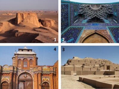1- Dasht-e Lut (désert du vide), patrimoine mondial Unesco ; 2- Grande salle voûtée, mosquée du Chah, Ispahan, patrimoine mondial Unesco ; 3- Chogha Zanbil, une des rares ziggourats encore existantes en dehors de la Mésopotamie, le mieux conservé au monde ; 4- Portes principales du Bagh-Melli (jardin national) à Téhéran.