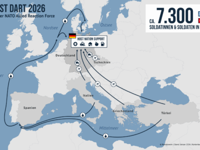 An Steadfast Dart sind europaweit rund 10.000 Soldatinnen und Soldaten der NATO-Partner beteiligt. Rund 7.300 Soldatinnen und Soldaten verlegen nach Deutschland, das als Gastnation die ARFAllied Reaction Force unterstützt.
(Bundeswehr/Astrid Höffling | Kartenbasis: © MapCreator/OpenStreetMap)