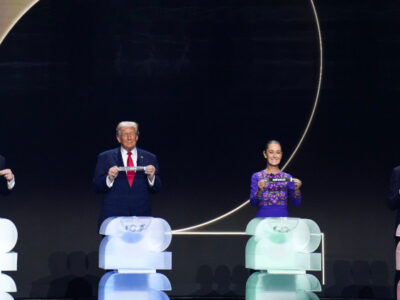 From left, FIFA President Gianni Infantino, U.S. President Donald Trump, Mexico president Claudia Sheinbaum and Canada Prime minister Mark Carney during the FIFA World Cup 2026 official draw at the John F. Kennedy Center for the Performing Arts in Washington, D.C., December 5, 2025. (Official State Department photo by Freddie Everett)