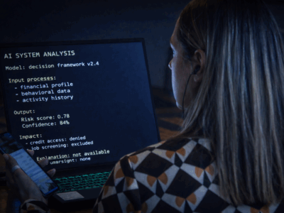 Immagine illustrativa del rapporto tra esseri umani e sistemi di intelligenza artificiale. Lo schermo mostra un modello decisionale automatizzato che elabora dati e produce valutazioni con effetti su ambiti sensibili come l’accesso al credito e la selezione del personale. Le persone eventualmente raffigurate non sono collegate ai contenuti dell’articolo.