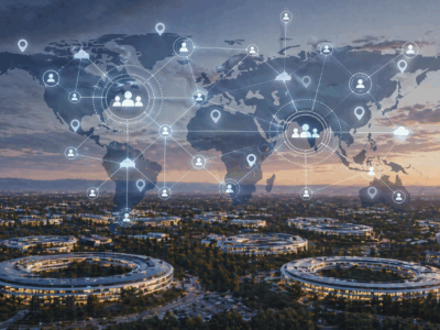 Immagine composita che raffigura un’infrastruttura tecnologica avanzata con una mappa del mondo sovrapposta e nodi di connessione digitale.